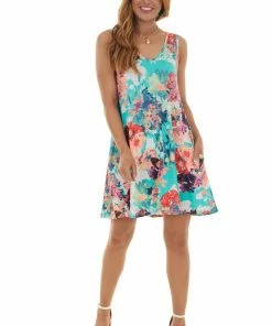 HEIMISH Seafoam Neon Floral Sleeveless Swing Dress