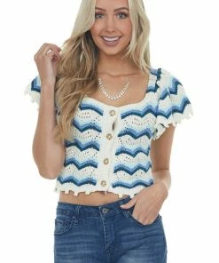 Entro Ivory And Cornflower Chevron Crochet Knit Top Tops