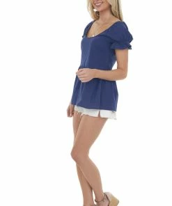 Miss Sparkling Navy Blue Puff Sleeve Peplum Blouse Tops