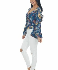 Nostalgia Tops Navy Floral Print Blouse With Long Sleeves