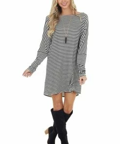 Peach Love Black And White Striped Boat Neckline Short Knit Dress Dresses