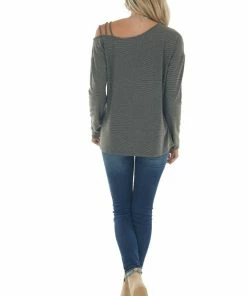 First Love Tops Faded Olive Ribbed Strappy Shoulder Knit Top