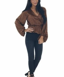 Peach Love Spice Leopard Print Surplice Peplum Blouse Tops