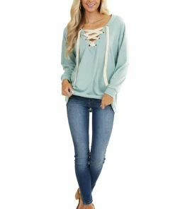 BiBi Seafoam Long Sleeve Top With Lace Up Deep V Neckline Tops 28 BiBi Seafoam Long Sleeve Top With Lace Up Deep V Neckline Tops
