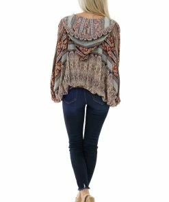 Umgee Tops Fire Orange Printed Flowy Hooded Blouse