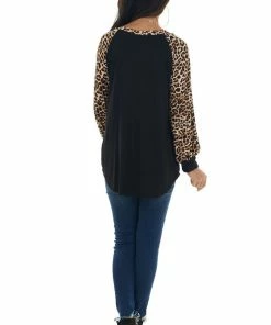 Celeste Design Black Leopard Print Long Puff Sleeve Knit Top Tops