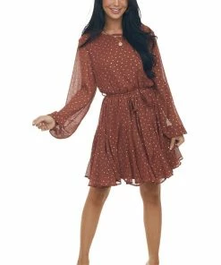 She + Sky Cinnamon Drop Waist Short Dress With Gold Dots Dresses