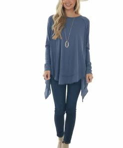 Easel Stormy Blue Handkerchief Hem Reverse Seam Top Tops
