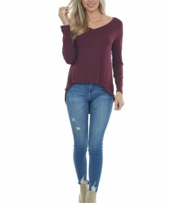 ZENANA Tops Wine Rounded Hem V Neck Soft Knit Top