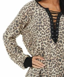 Lovely Melody Tops Cream And Charcoal Leopard Print Knit Top With V Neckline