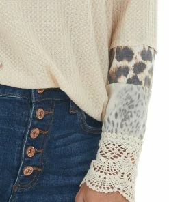 BiBi Beige Long Sleeve Waffle Knit Top With Multiprint Cuff Tops