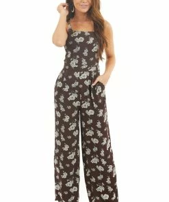 Sadie & Sage Chocolate Floral Print High Neck Jumpsuit With Side Pockets
