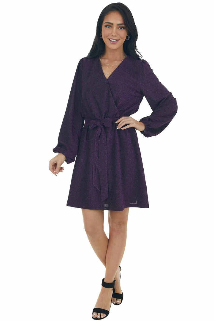 Andree Dresses Indigo Metallic Threaded Surplice Knit Dress 14 Andree Dresses Indigo Metallic Threaded Surplice Knit Dress