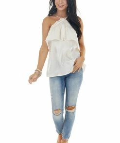 Andree Champagne Shimmer Sleeveless Top With Criss Cross Straps Tops