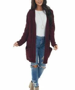 Style Melody Wine Long Sleeve Cable Knit Cardigan