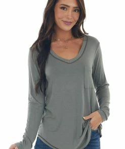 143 Story Hazy Sage Exposed Stitch Chest Pocket Knit Top