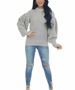 GeeGee Tops Pewter Grey Puff Sleeve Thick Knit Sweater