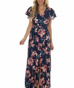 ROKOKO Navy Floral Print Wrap Maxi Dress With Tie Dresses