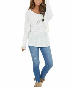 BiBi Tops Ivory Waffle Knit Dolman Sleeve Top With Long Banded Cuffs
