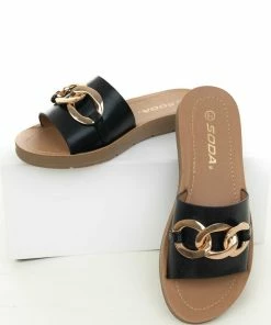 FORTUNE DYNAMIC Shoes Black Pleather Band Sandals With Chain Detail