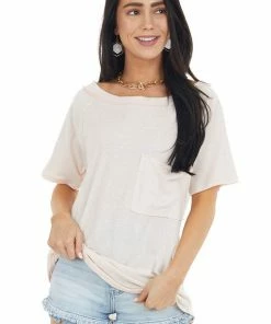 BiBi Tops Blush Two Tone Short Sleeve Knit Top With Raw Details 26 BiBi Tops Blush Two Tone Short Sleeve Knit Top With Raw Details
