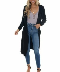 Style Melody Tops Black Longline Open Front Knit Cardigan