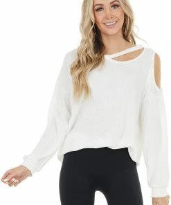 BiBi Ivory Waffle Knit Single Cold Shoulder Top With Neck Cutout 26 BiBi Ivory Waffle Knit Single Cold Shoulder Top With Neck Cutout