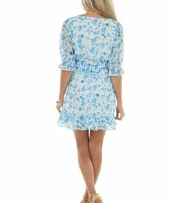 Peach Love Ivory And Cornflower Floral Print Mini Dress Dresses