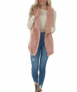 CY Fashion Dusty Punch Fuzzy Open Front Vest With Pockets Outerwear