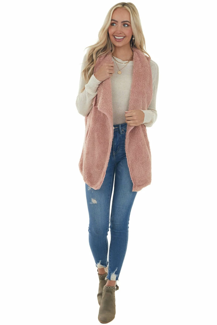 CY Fashion Dusty Punch Fuzzy Open Front Vest With Pockets Outerwear 4 CY Fashion Dusty Punch Fuzzy Open Front Vest With Pockets Outerwear