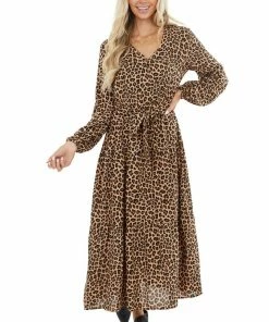 Supreme Fashion Desert Sand Button Up Leopard Print V Neck Midi Dress Dresses