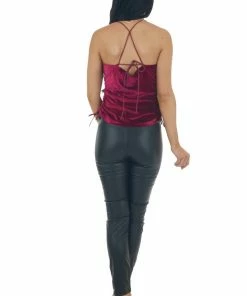 She + Sky Tops Wine Halter Cowl Neck Open Back Velvet Tank
