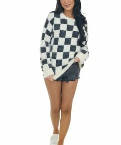 Miss Sparkling Tops Black And Ivory Checkered Fuzzy Sweater