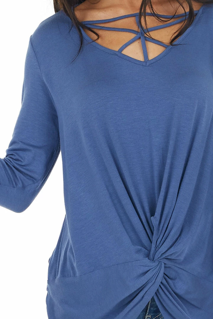 Cherish Dusty Blue 3/4 Sleeve Top With Caged Neckline Detail 16 Cherish Dusty Blue 3/4 Sleeve Top With Caged Neckline Detail