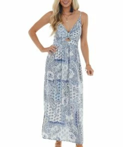 ANGIE Pastel Blue Paisley Print Maxi Dress
