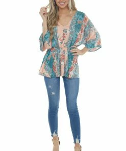 Andree Teal And Peach Floral Multiprint Peplum Top Tops