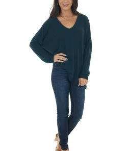 BucketList Dark Teal Drop Shoulder Knit Top With V Neck Tops