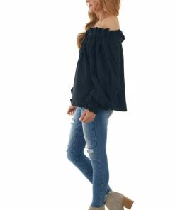 Newbury Kustom Tops Black Textured Off Shoulder Frill Blouse