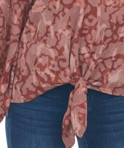 GeeGee Tops Marsala Camo Bubble Sleeve Top With Front Knot