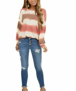 Lime 'N' Chili Sienna And Coral Tie Dye Round Neckline Long Sleeve Top Tops