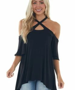 Fantastic Fawn Tops Black Flutter Sleeve Cold Shoulder Halter Top