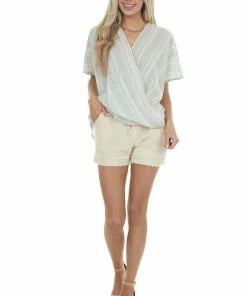 Lime 'N' Chili Tops Off White Multicolor Striped Surplice Top With Short Sleeves