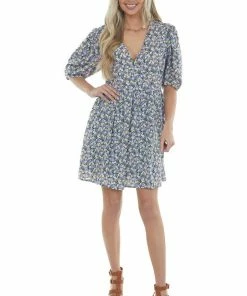 Staccato Lavender Floral Print Surplice Dress With Short Sleeves Dresses