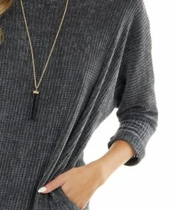 First Love Charcoal Chenille Knit Sweater Dress With 3/4 Dolman Sleeves