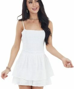 Main Strip Off White Ruffled Romper With Adjustable Spaghetti Straps Dresses