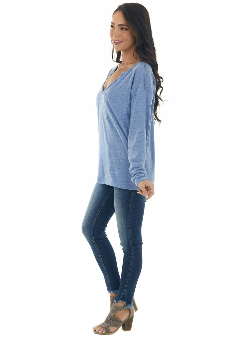 BiBi Tops Heathered Blue Notch Neck Chest Pocket Top 17 BiBi Tops Heathered Blue Notch Neck Chest Pocket Top