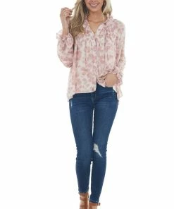 Entro Dusty Pink Long Sleeve Floral Button Up Blouse