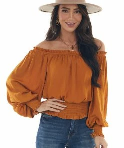She + Sky Caramel Off Shoulder Long Sleeve Blouse