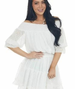 Bluivy Ivory Off The Shoulder Swiss Dot Short Dress