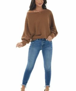 143 Story Tops Sepia Textured Knit Banded Dolman Sleeve Top